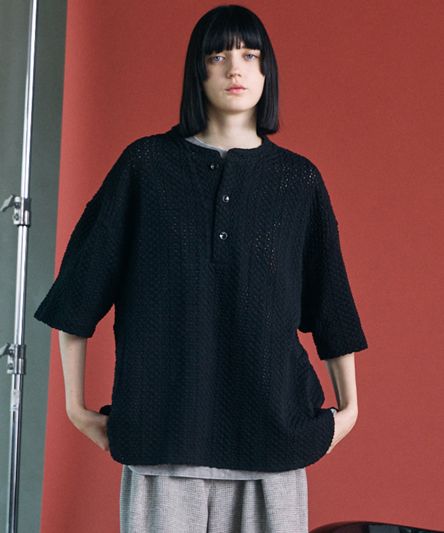 [26SS PRE-ORDER]Birdseye Jersey Mesh Prime-Over Henry Neck Short-sleeved T-shirt