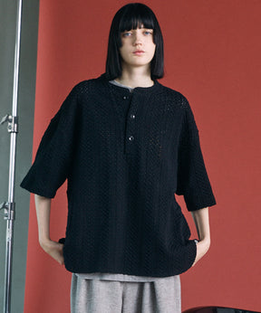 [26SS PRE-ORDER]Birdseye Jersey Mesh Prime-Over Henry Neck Short-sleeved T-shirt