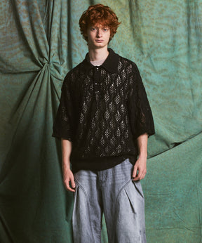 Sheer Lace Mesh Prime-Over Knit Polo Shirt