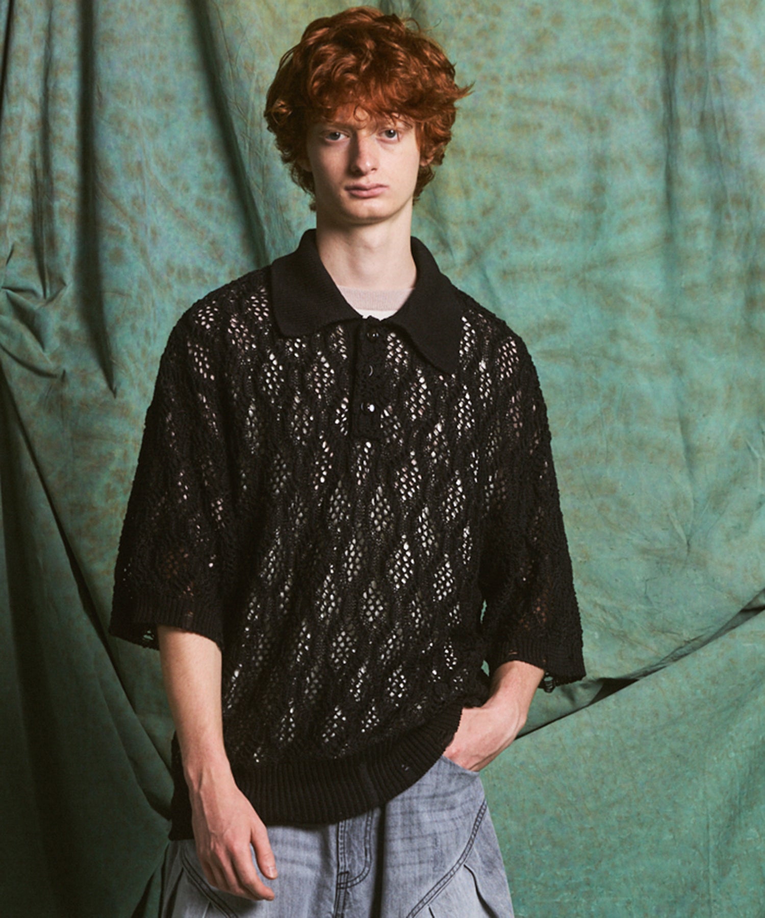 Sheer Lace Mesh Prime-Over Knit Polo Shirt