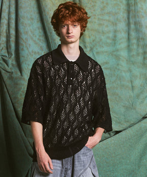 Sheer Lace Mesh Prime-Over Knit Polo Shirt