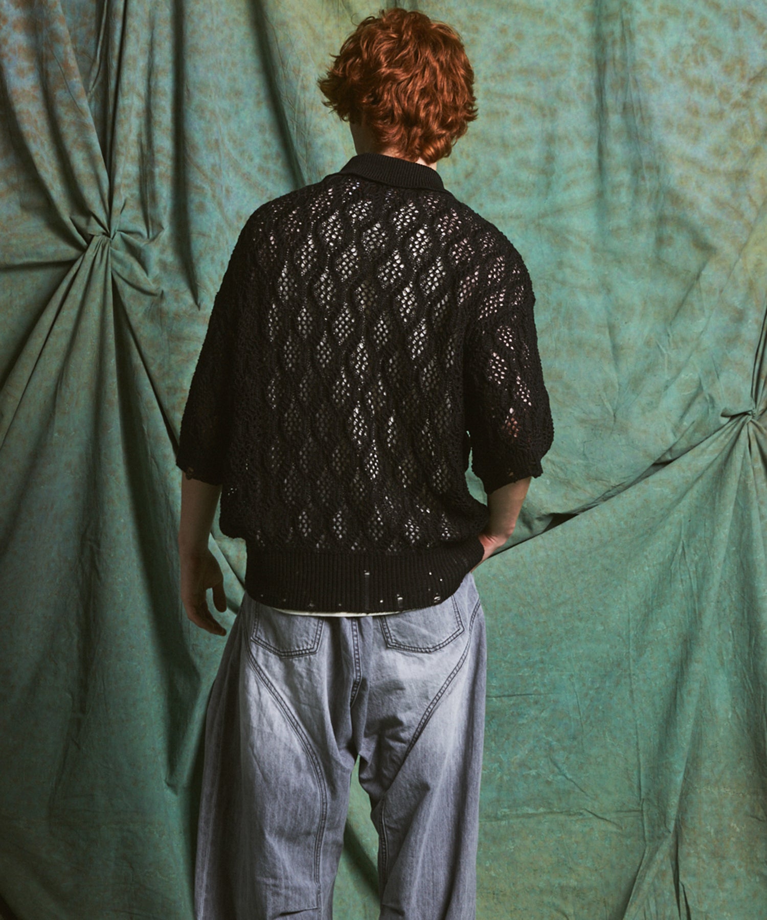 Sheer Lace Mesh Prime-Over Knit Polo Shirt