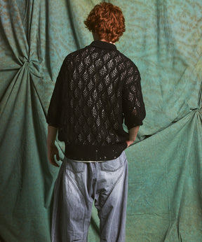 Sheer Lace Mesh Prime-Over Knit Polo Shirt