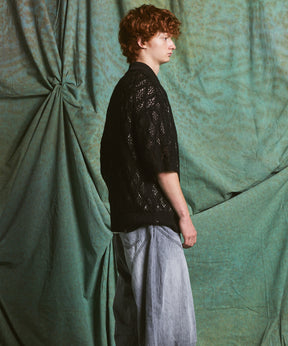 Sheer Lace Mesh Prime-Over Knit Polo Shirt
