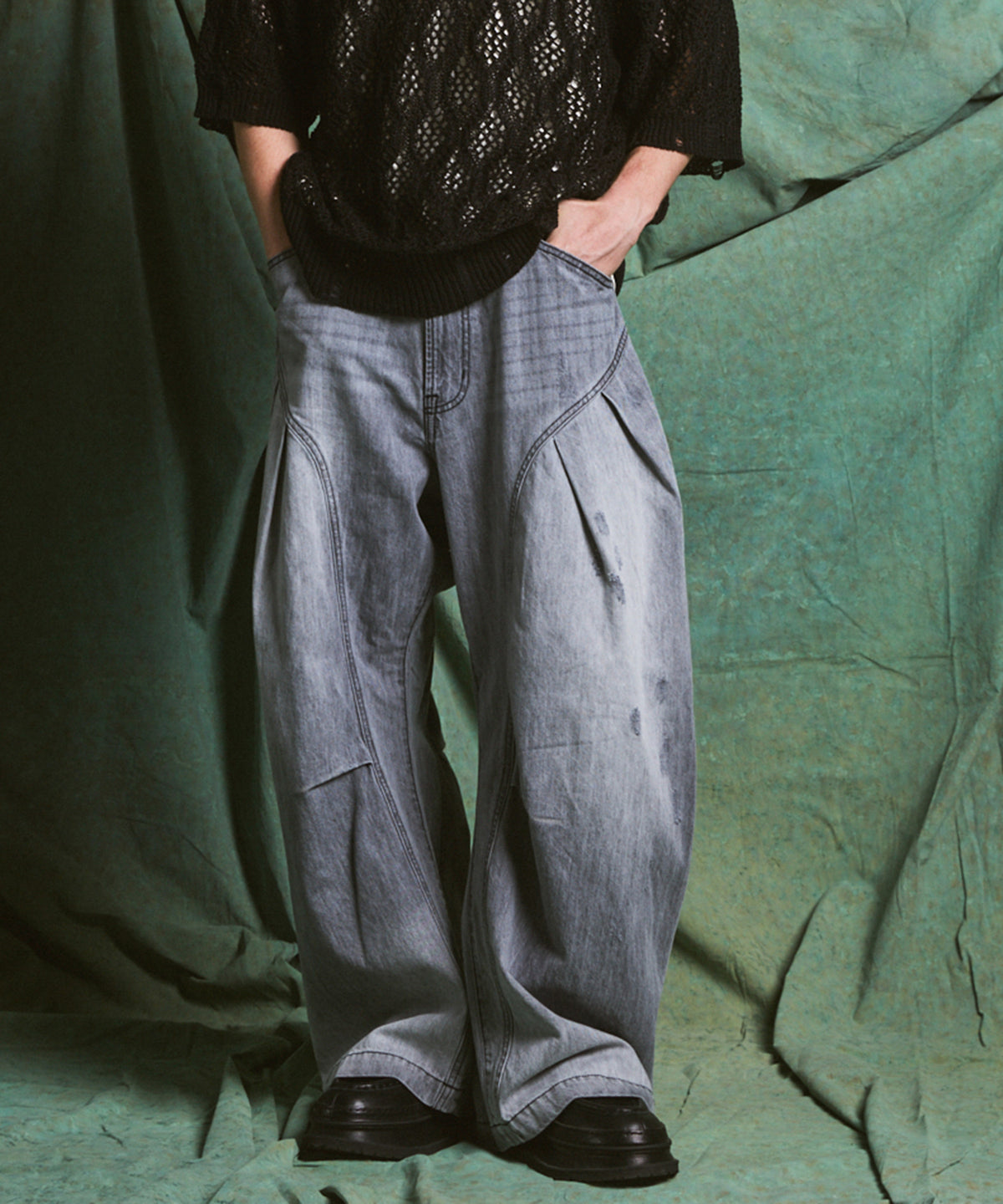 3D Cut Prime-Wide Gathered Denim Pants