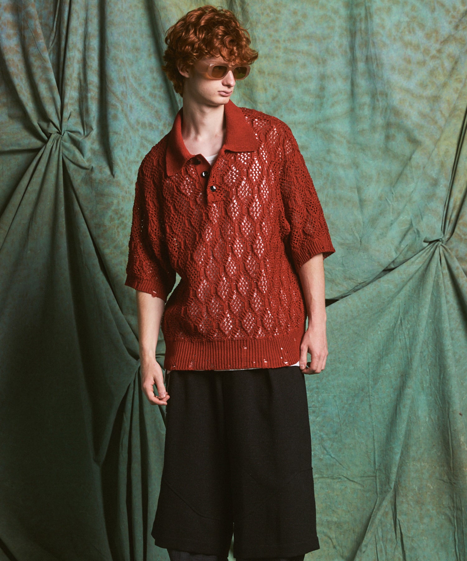 Sheer Lace Mesh Prime-Over Knit Polo Shirt