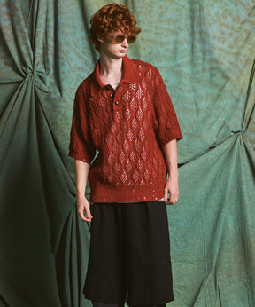 Sheer Lace Mesh Prime-Over Knit Polo Shirt