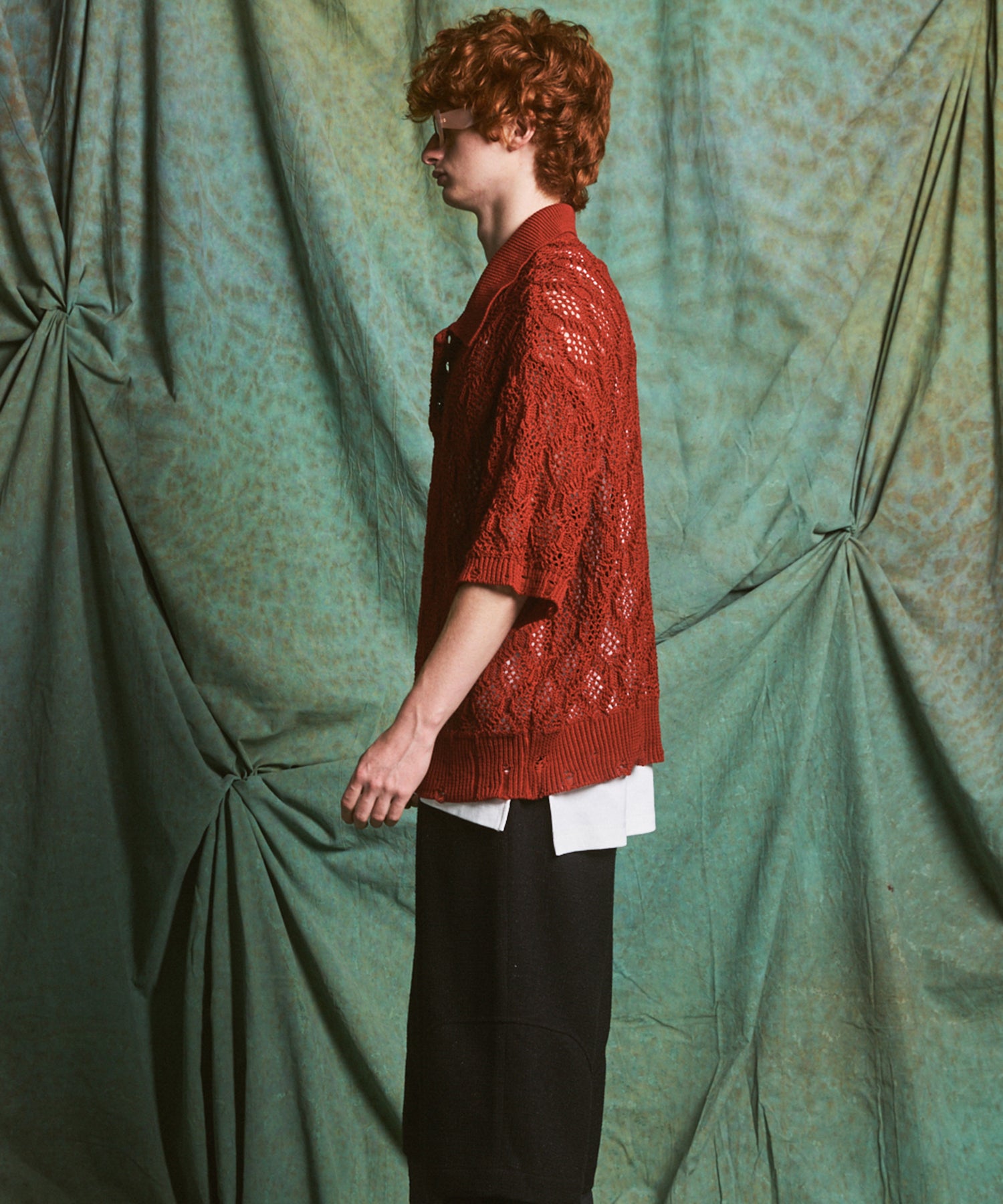 Sheer Lace Mesh Prime-Over Knit Polo Shirt