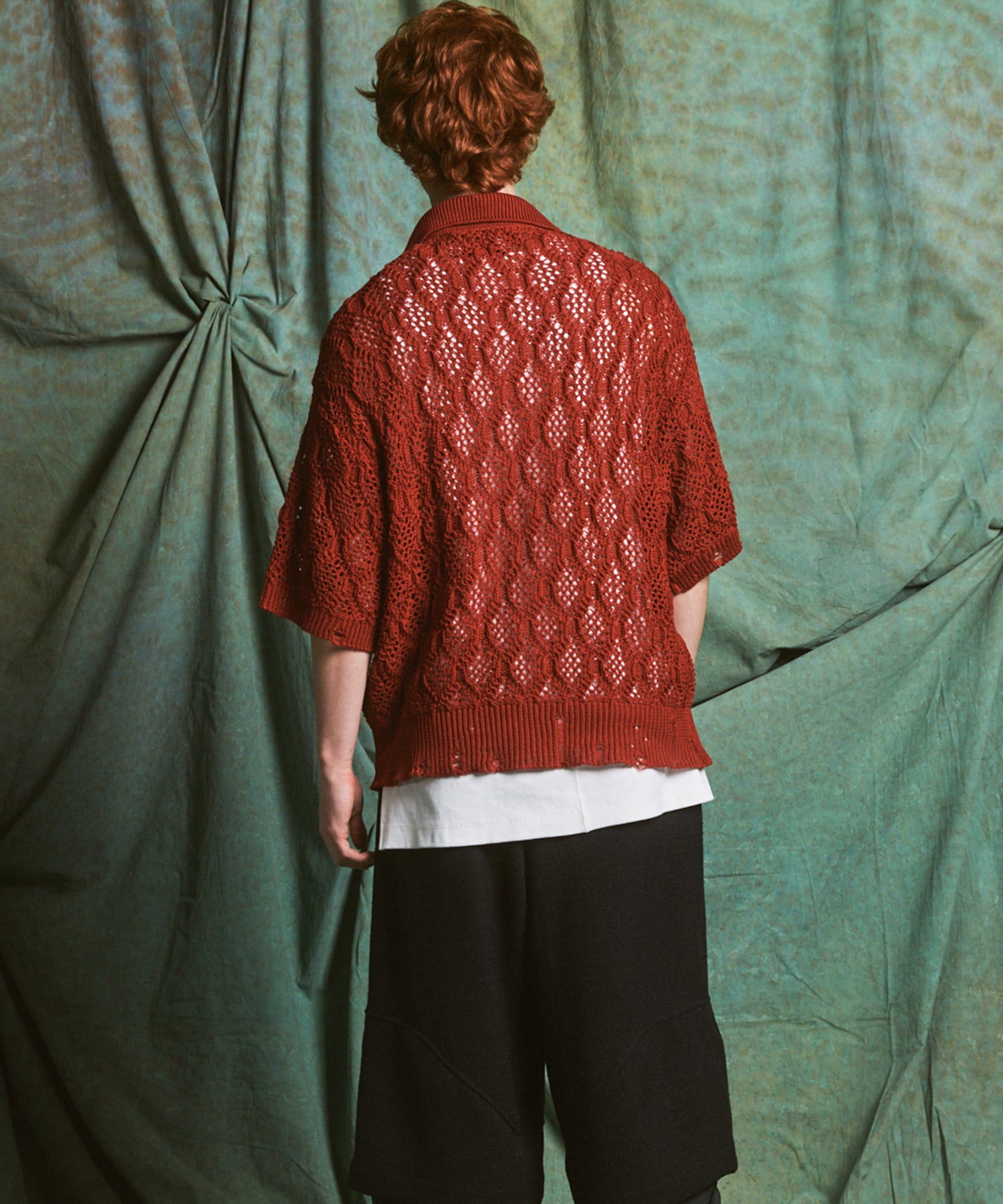 Sheer Lace Mesh Prime-Over Knit Polo Shirt