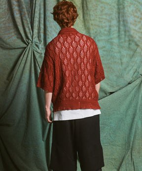 Sheer Lace Mesh Prime-Over Knit Polo Shirt