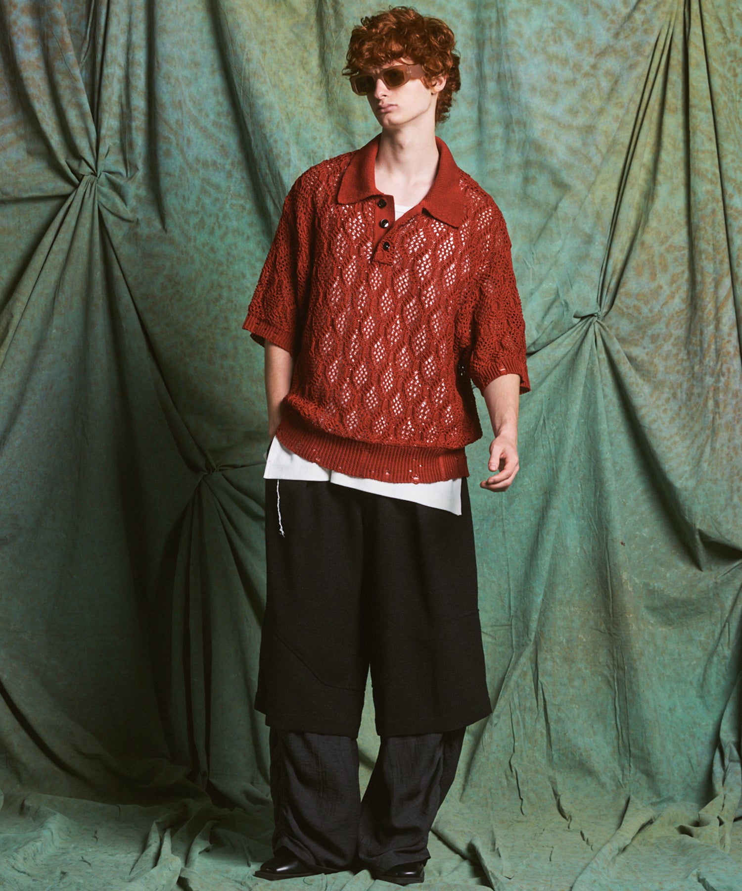 Sheer Lace Mesh Prime-Over Knit Polo Shirt