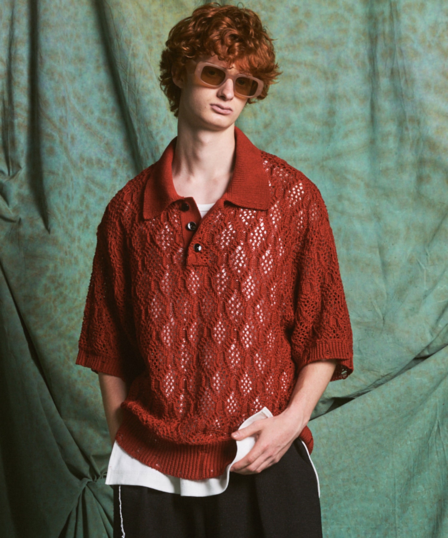 Sheer Lace Mesh Prime-Over Knit Polo Shirt