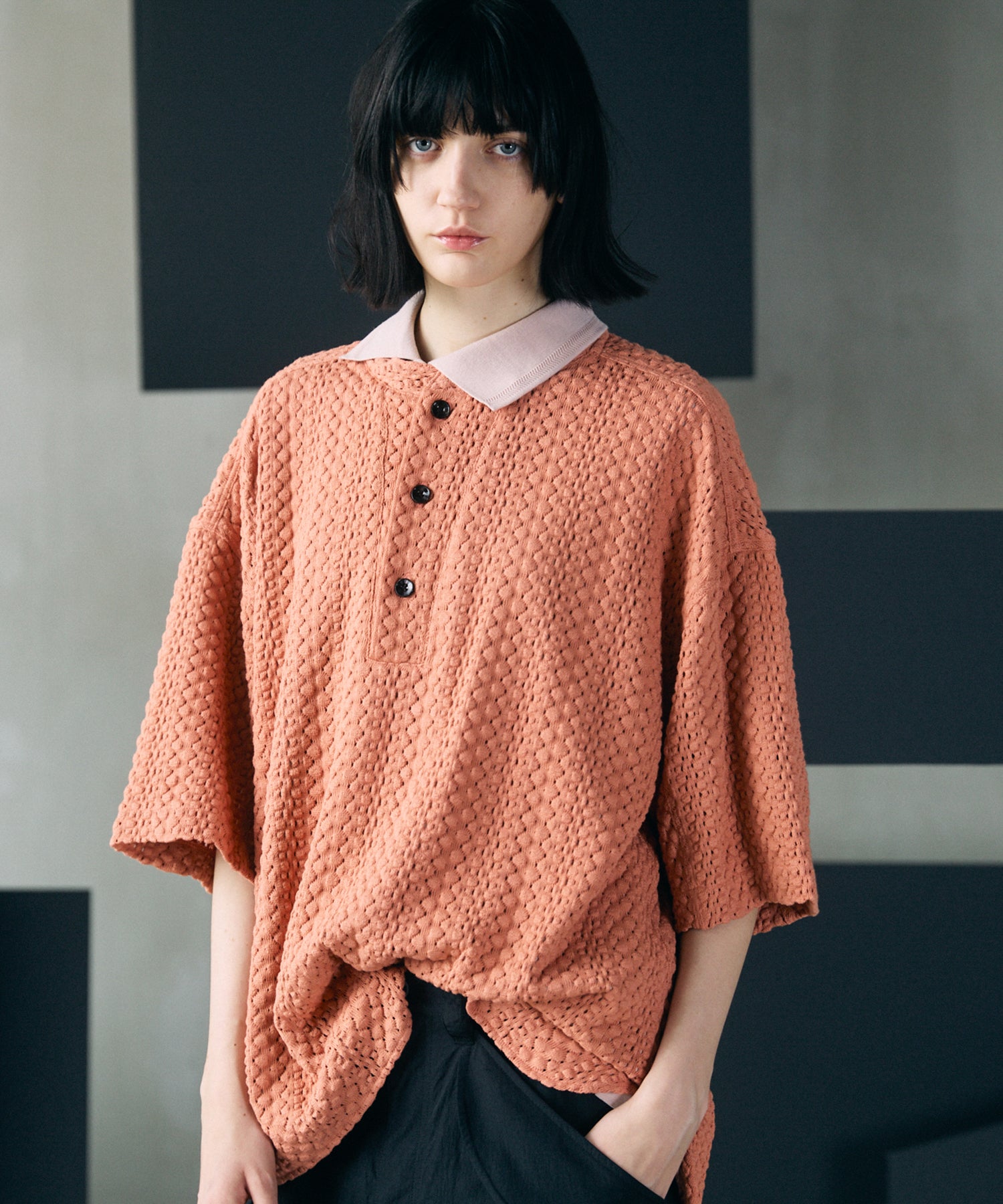 [26SS PRE-ORDER]Birdseye Jersey Mesh Prime-Over Henry Neck Short-sleeved T-shirt
