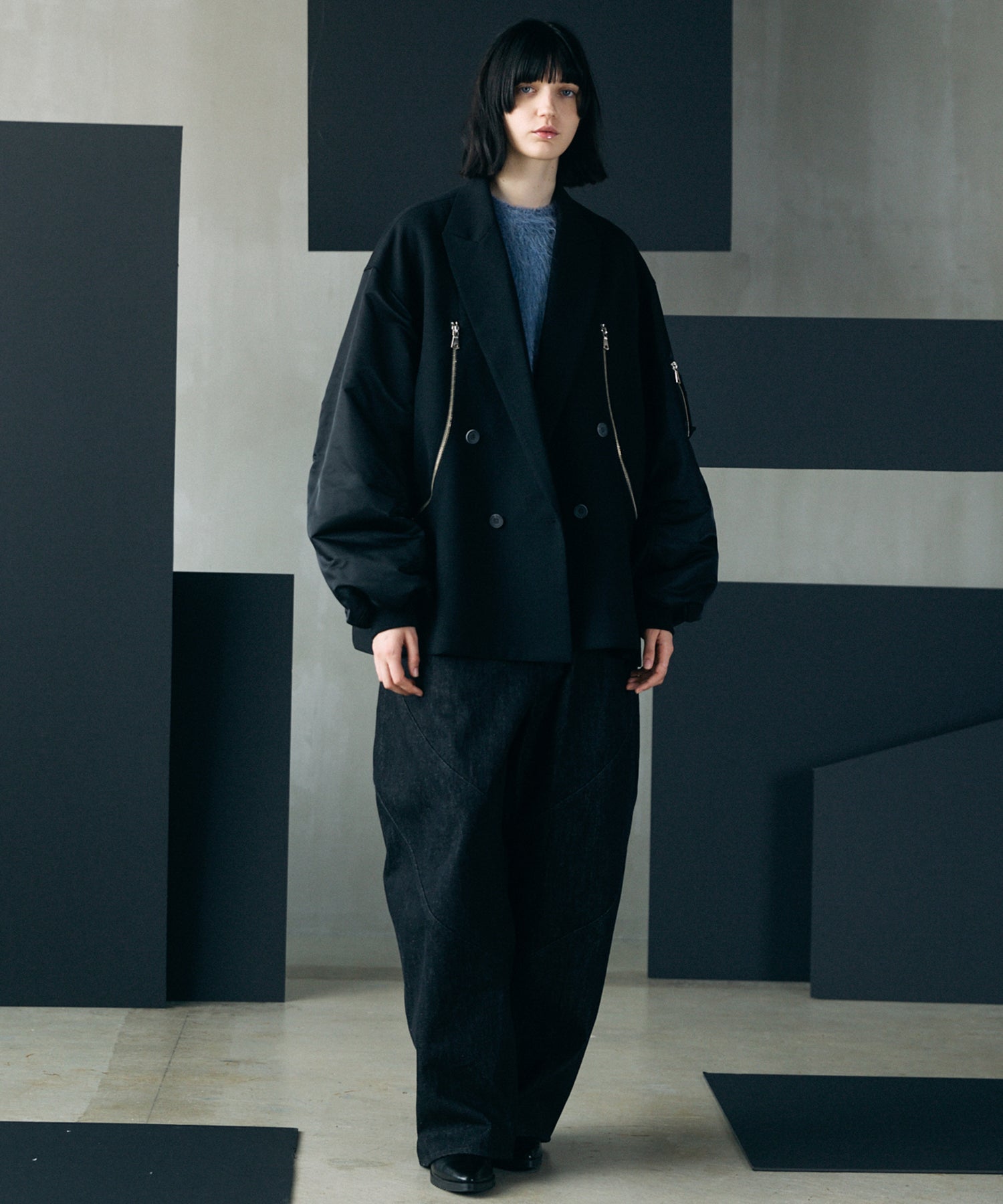 【26AW PRE-ORDER】Prime-Over MA-1 Sleeve Double Breasted Curved Zip Tailored Jacket