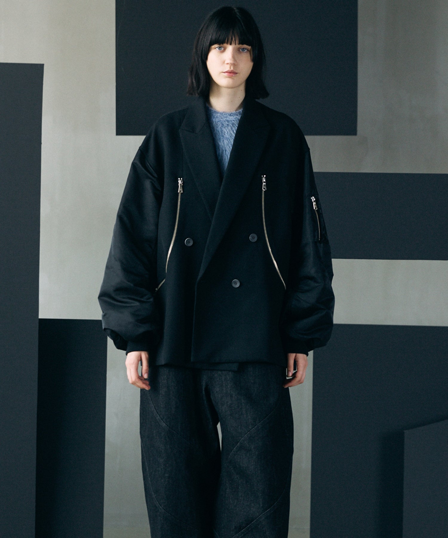 【26AW PRE-ORDER】Prime-Over MA-1 Sleeve Double Breasted Curved Zip Tailored Jacket