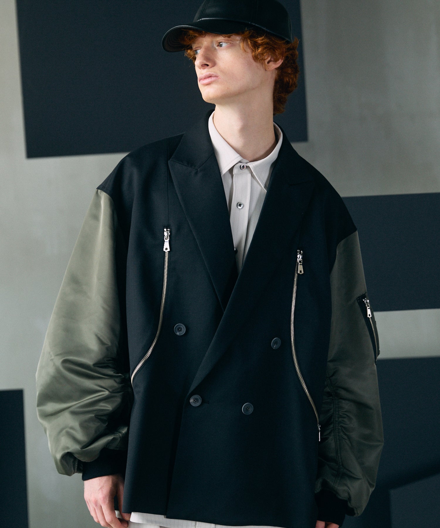 【26AW PRE-ORDER】Prime-Over MA-1 Sleeve Double Breasted Curved Zip Tailored Jacket