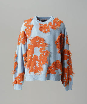 【26AW PRE-ORDER】Fringe Cut Jacquard Prime-Over Flower Pattern Knit Sweater