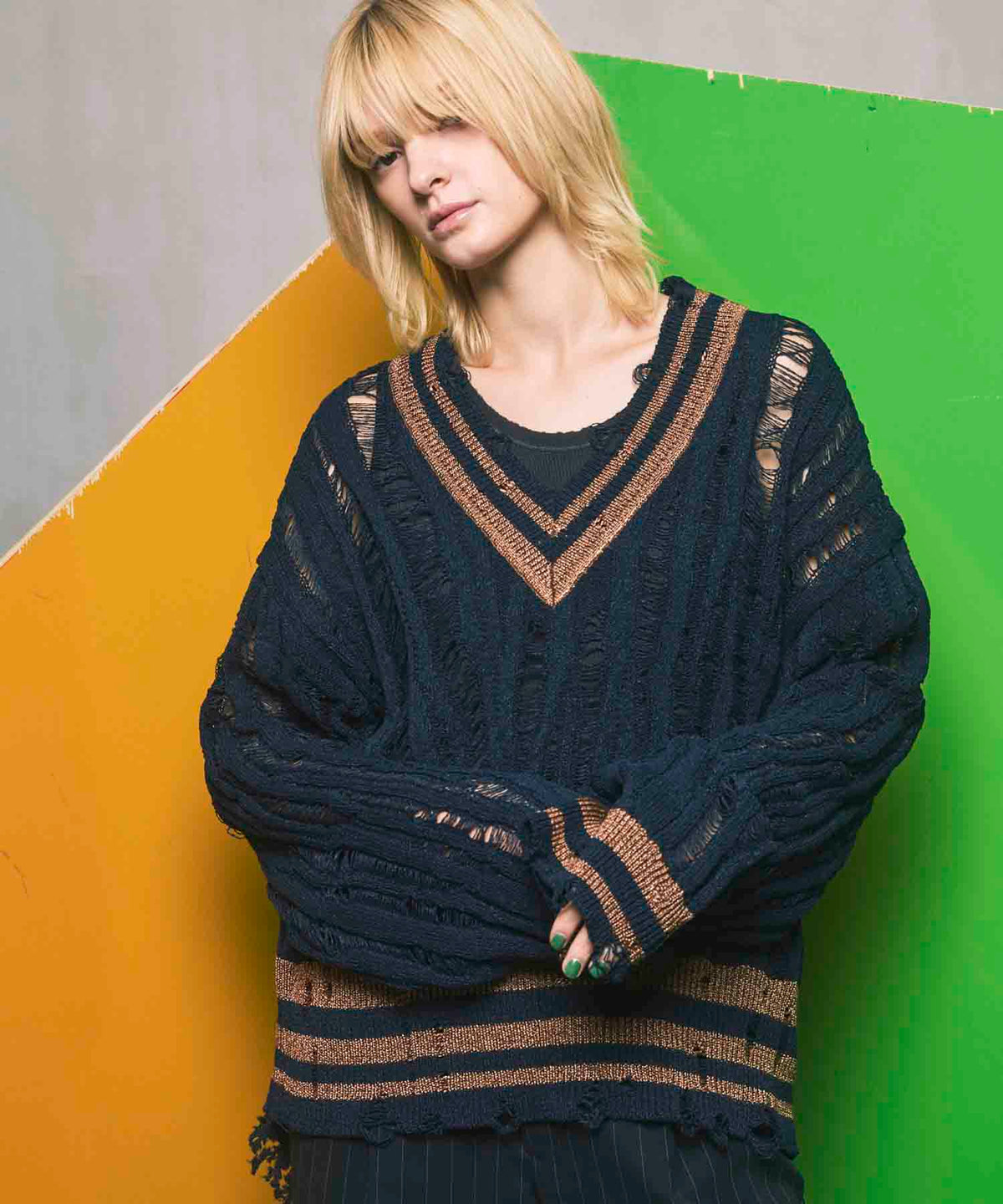 【25SS PRE-ORDER】Prime-Over Japanese Paper Damaged Tilden V-Neck Knit Pullover