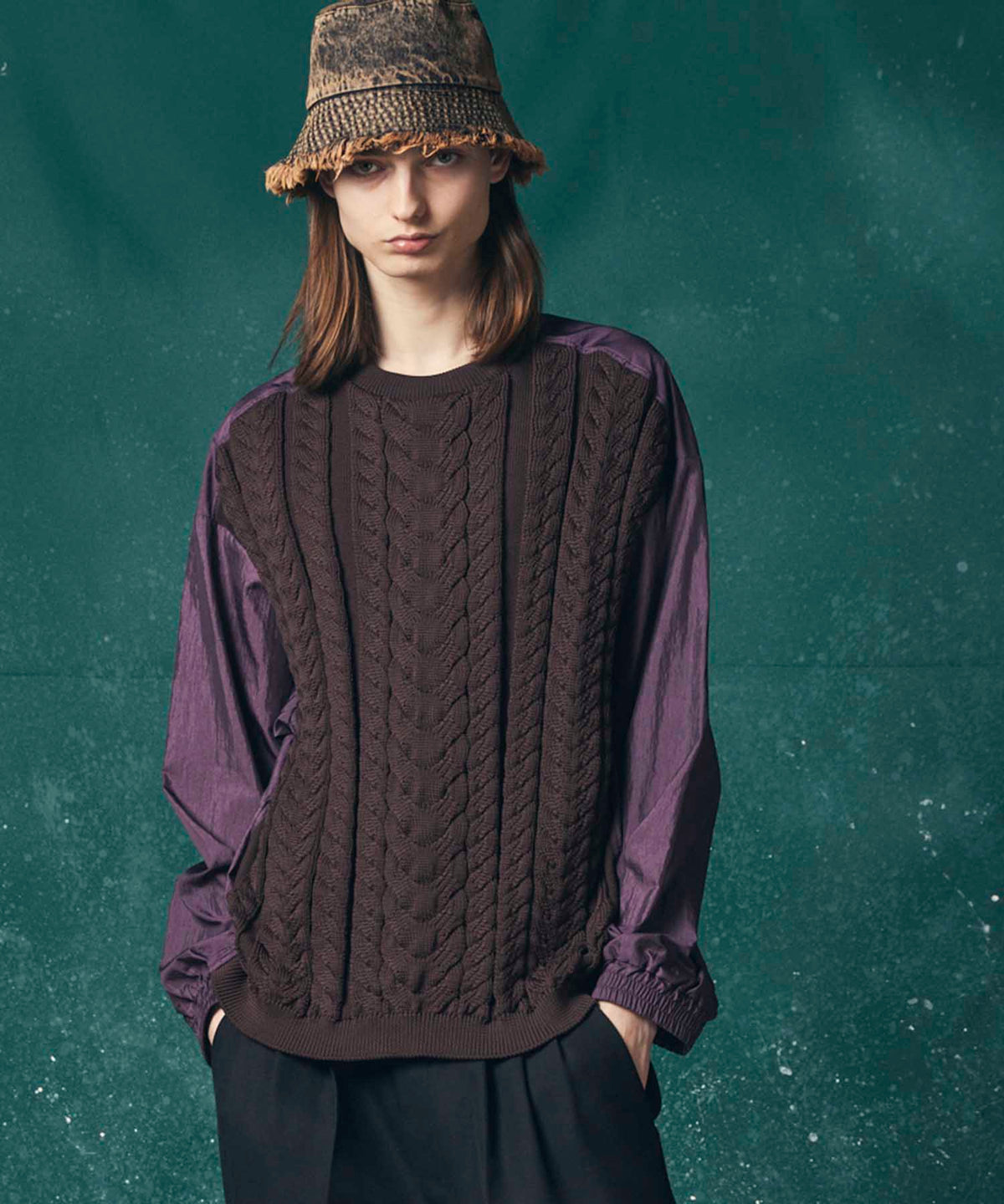 【SALE】Cable Knit Combination Prime-Over Woven Shirt Crew Neck Pullover