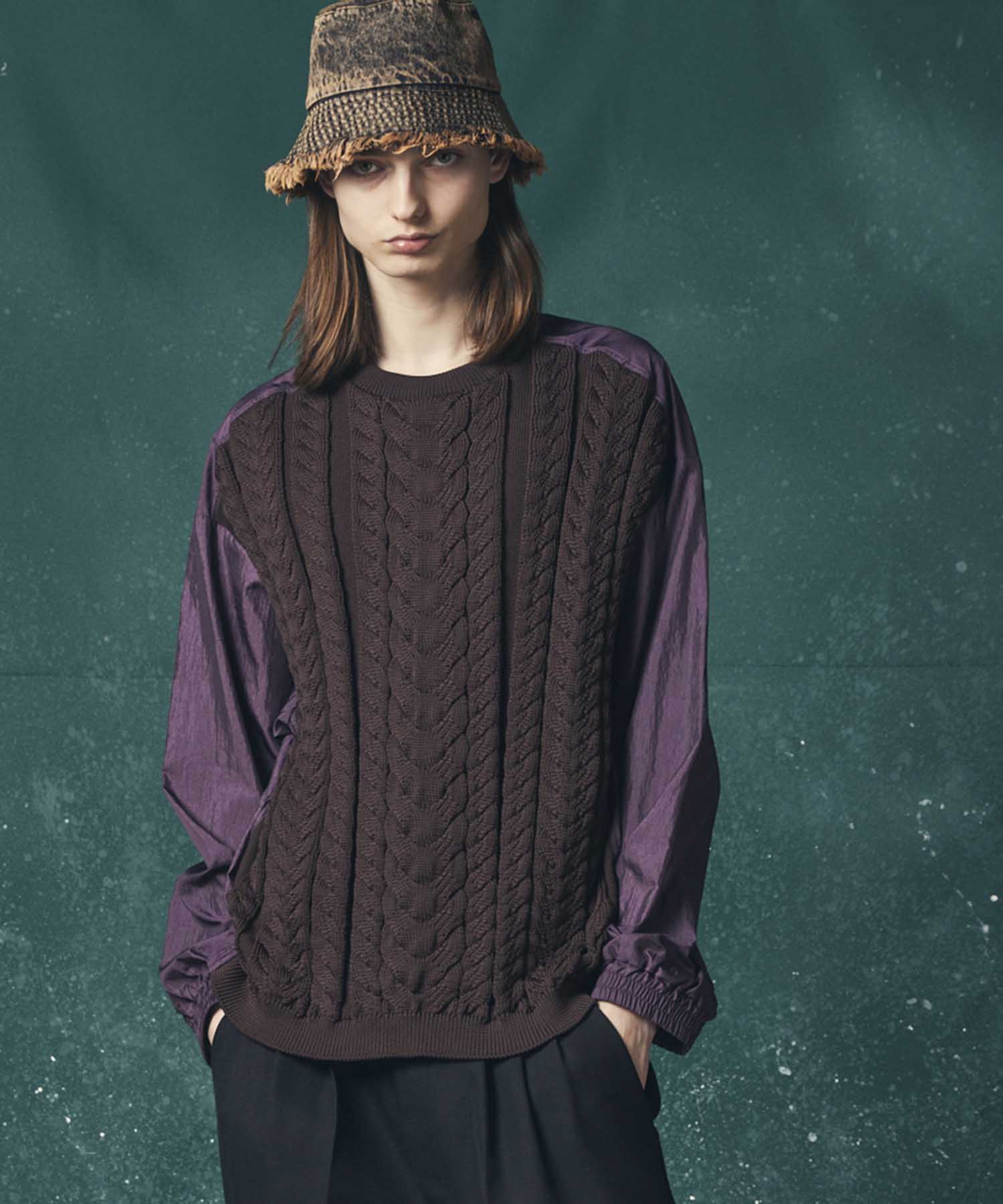 Cable Knit Combination Prime-Over Woven Shirt Crew Neck Pullover