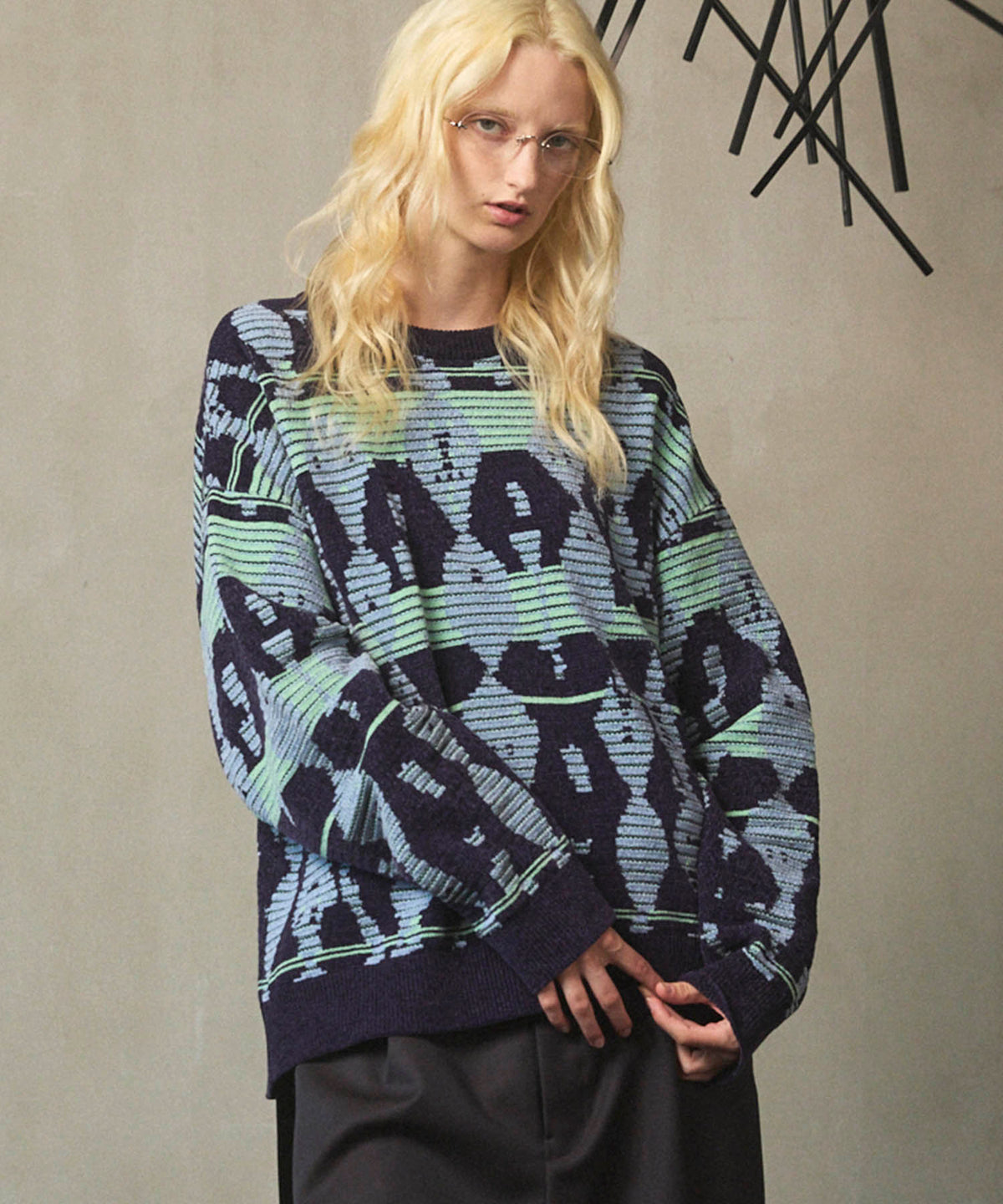 Rug Pattern Mall Yarn Jacquard Prime-Over Crew Neck Knit Pullover