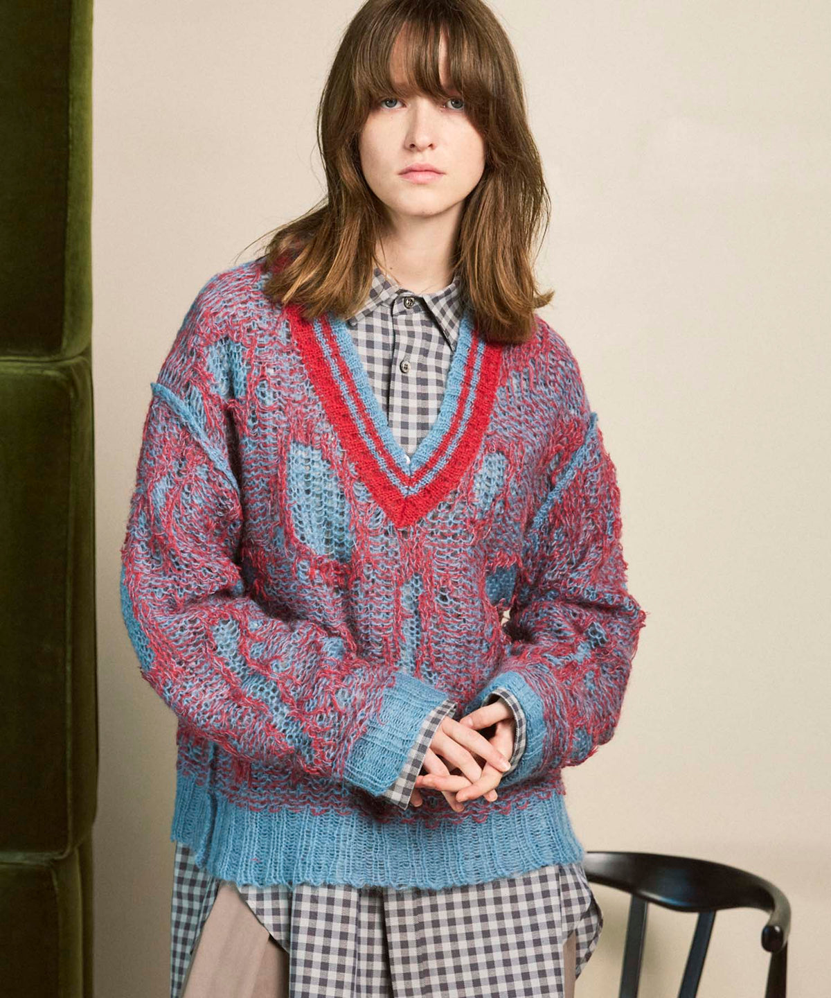 Mohair Sheer V-Neck Knit Pullover