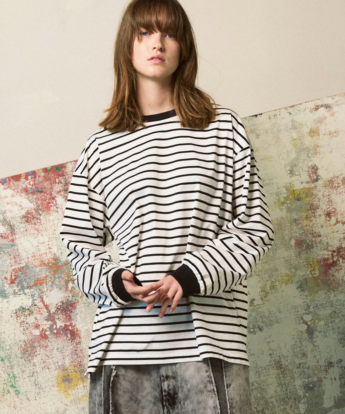 ULTIMA Cotton Border Prime-Over Crew Neck Long Sleeve T-Shirt