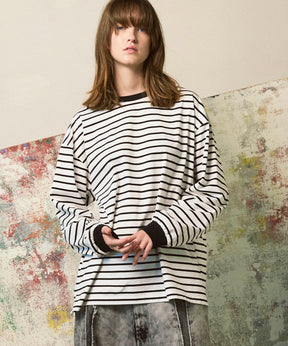 ULTIMA Cotton Border Prime-Over Crew Neck Long Sleeve T-Shirt