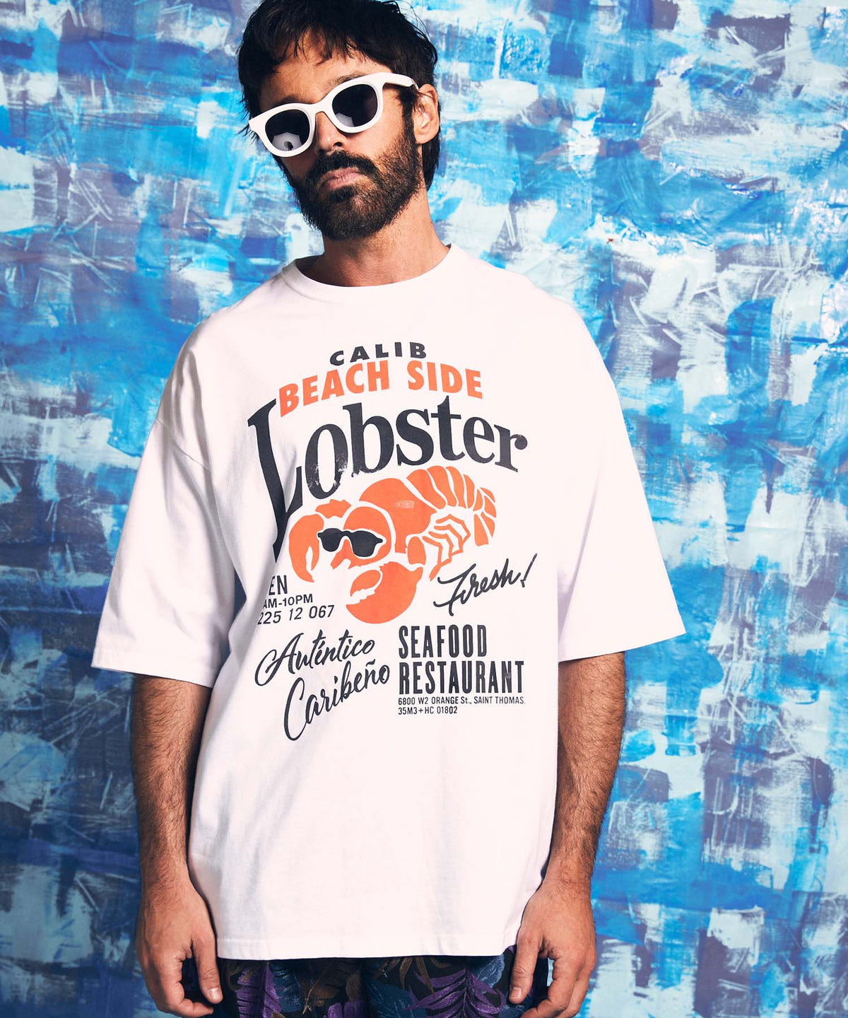 「Lobster」ハンドプリントオーバーサイズクルーネックTシャツ