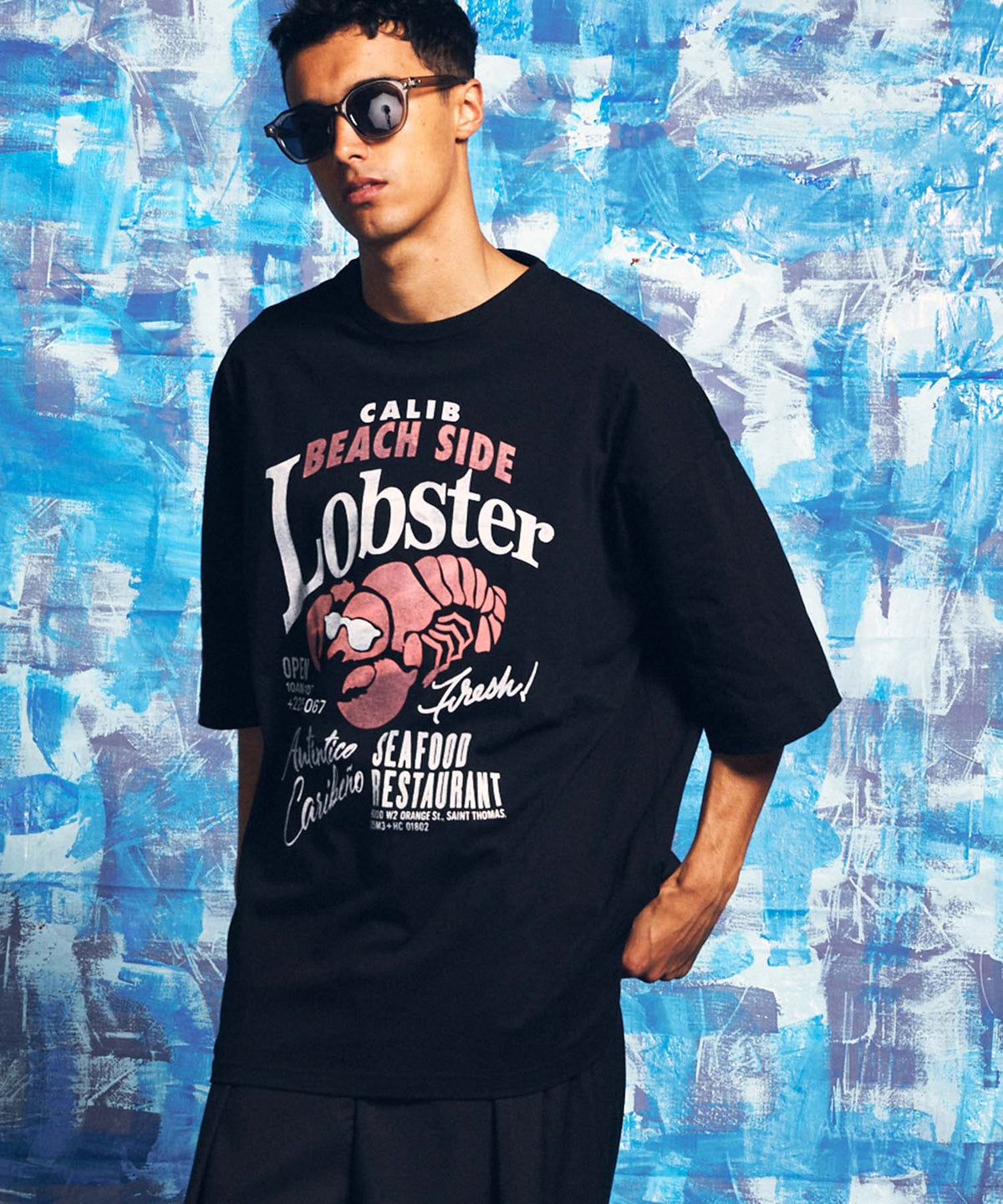 「Lobster」ハンドプリントオーバーサイズクルーネックTシャツ