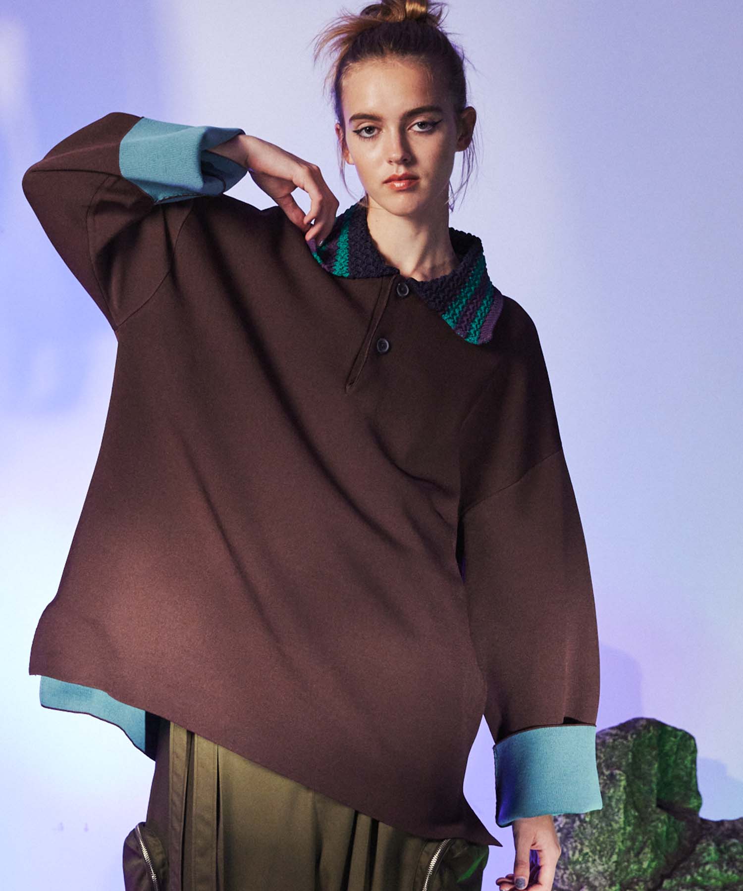 Prime-Over Double-Face Crochet Collar Knit Polo Shirt
