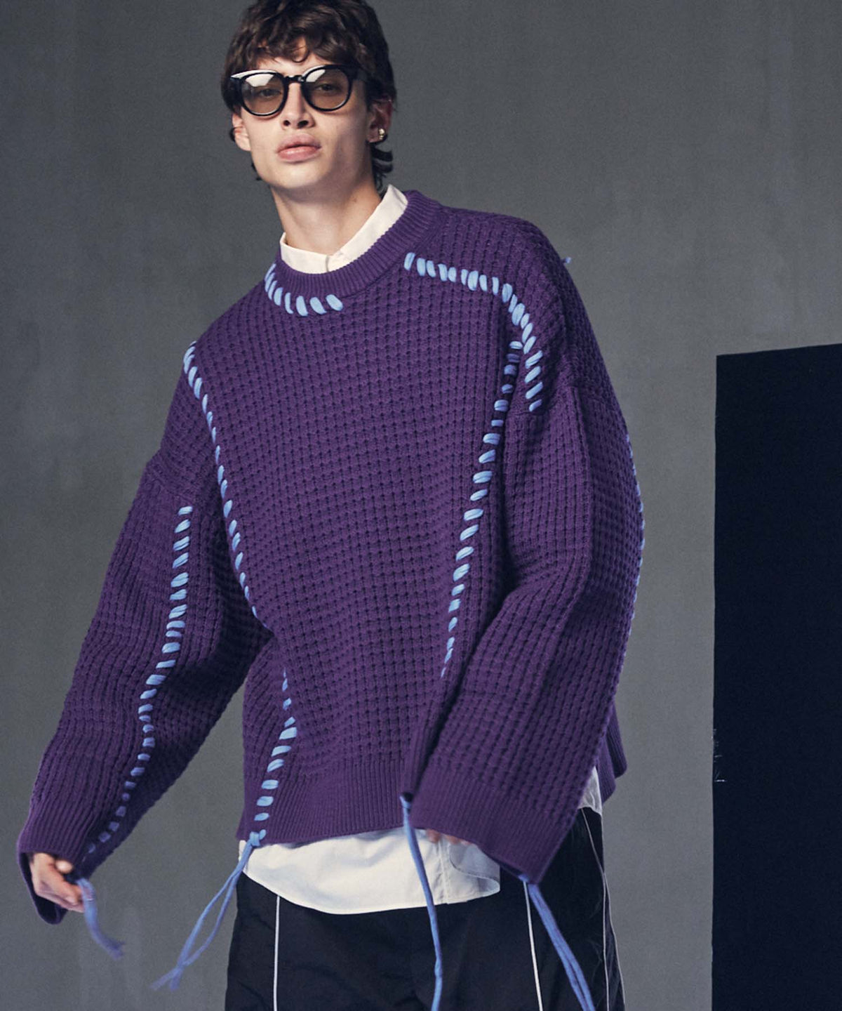 ONI-WAFFLE CRAZY STITCH EMBROIDY PRIME-OVER CREW NECK KNIT PULLOVER