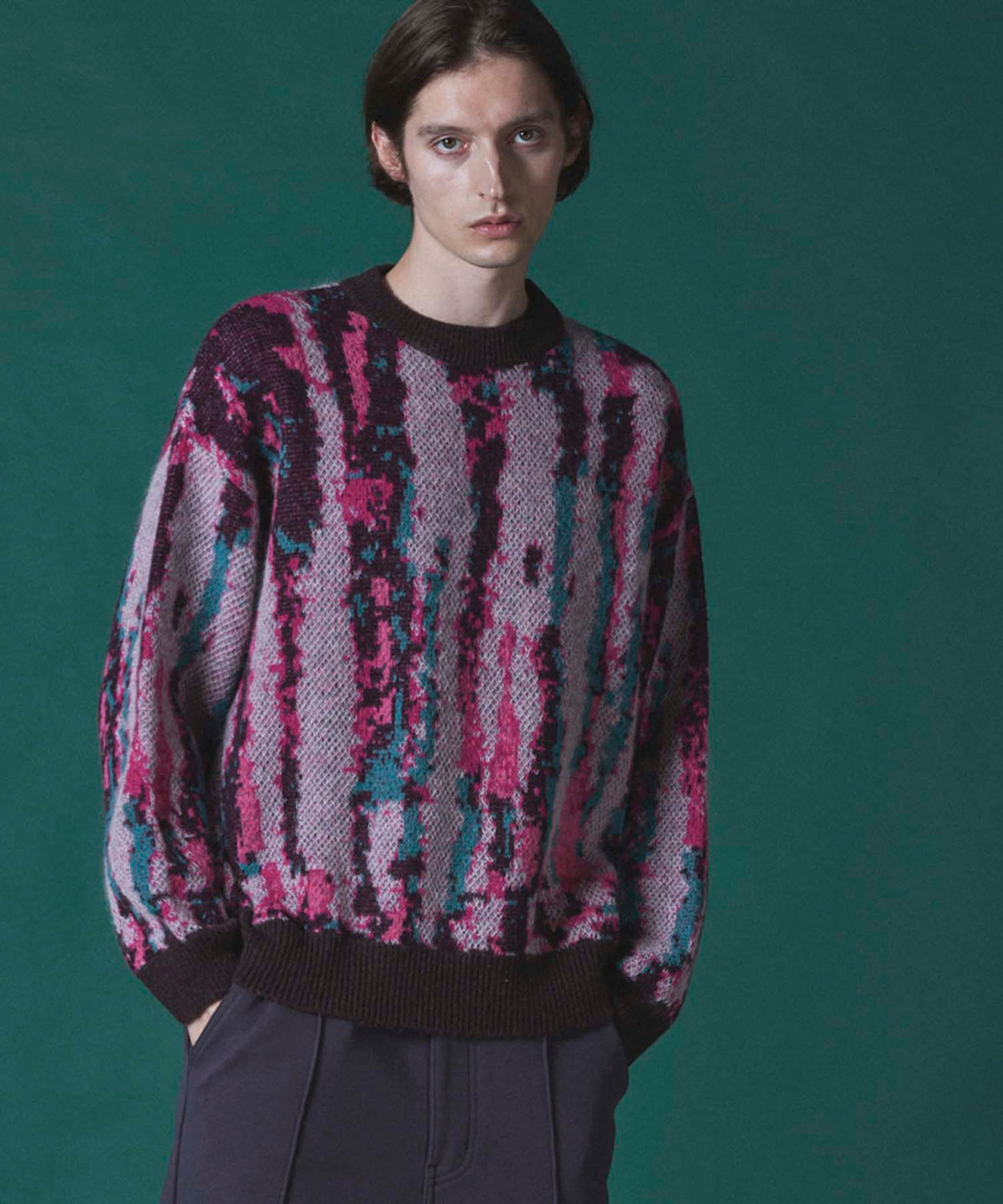 【23AW PRE-ORDER】Airy Mohair Crazy Stripe Prime-Over Crew Neck Knit Pullover