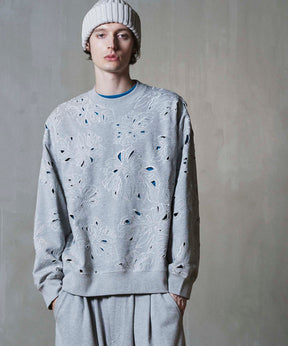 Leaf Cutwork Embroidery Crew Neck Sweat Pullover