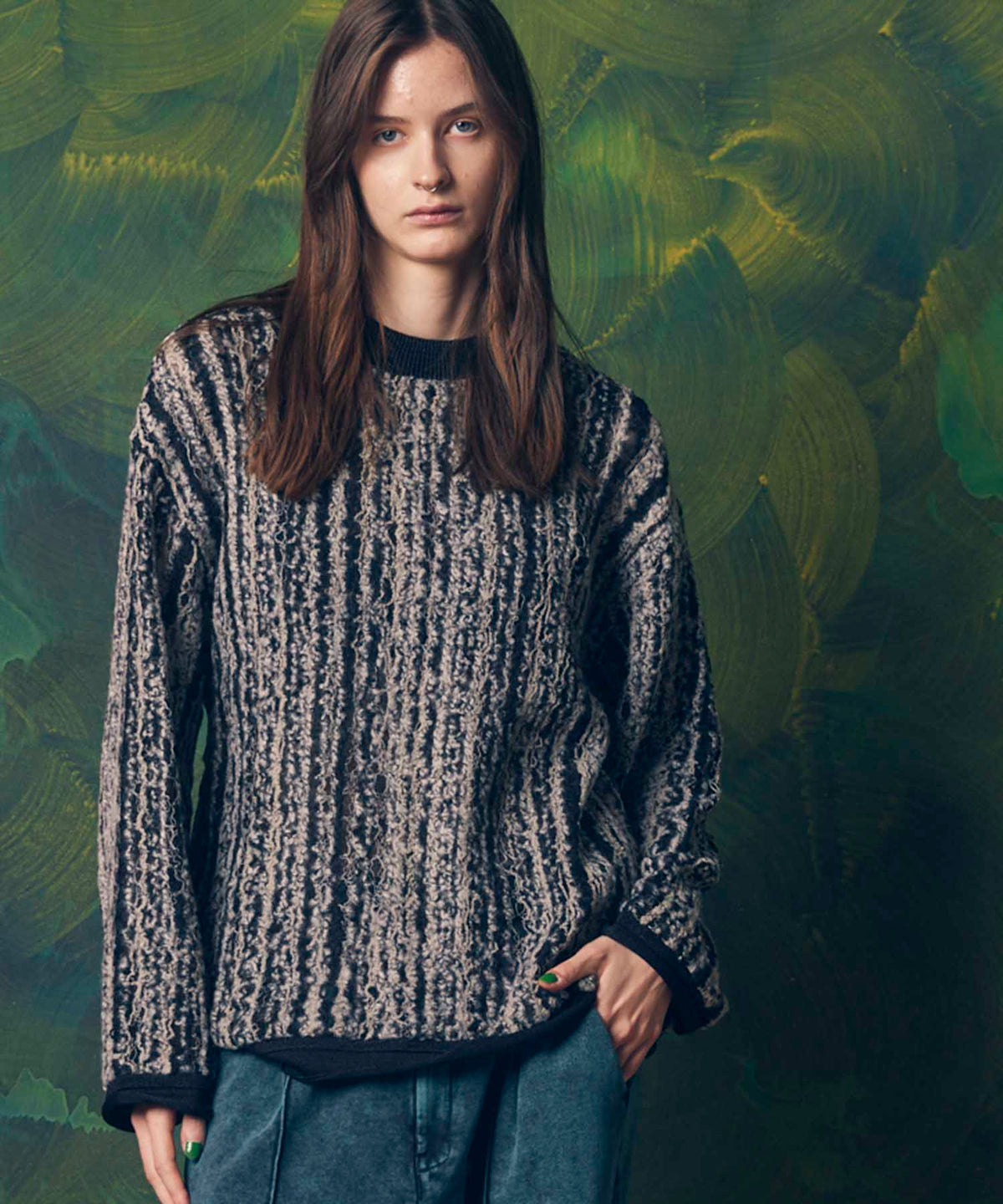Irregular Inlay Knitting Prime-Over Crew Neck Knit Pullover