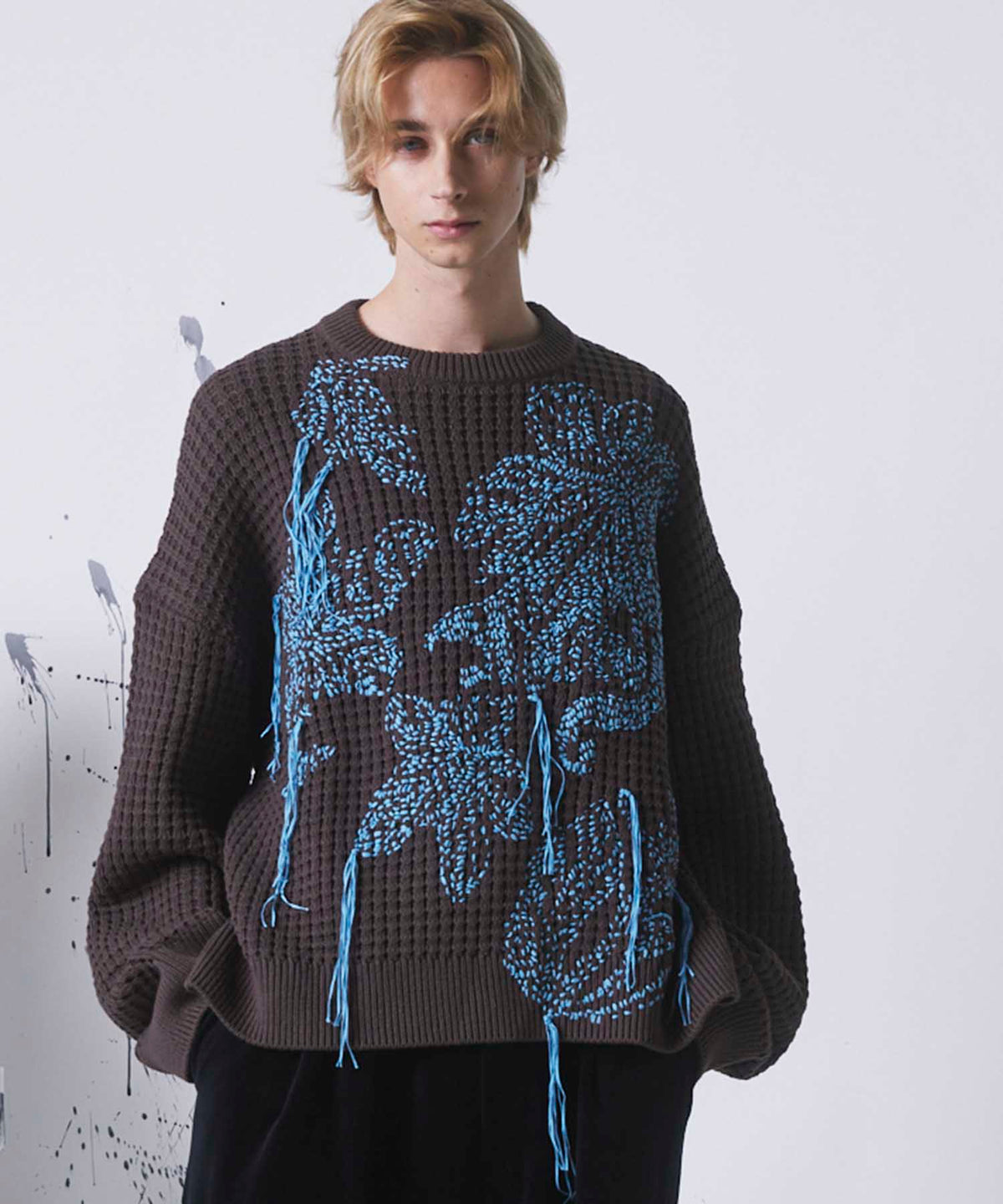 【SALE】Oni-Waffle Hand Stitch Botanical Embroidery Prime-Over Crew Neck Knit Pullover