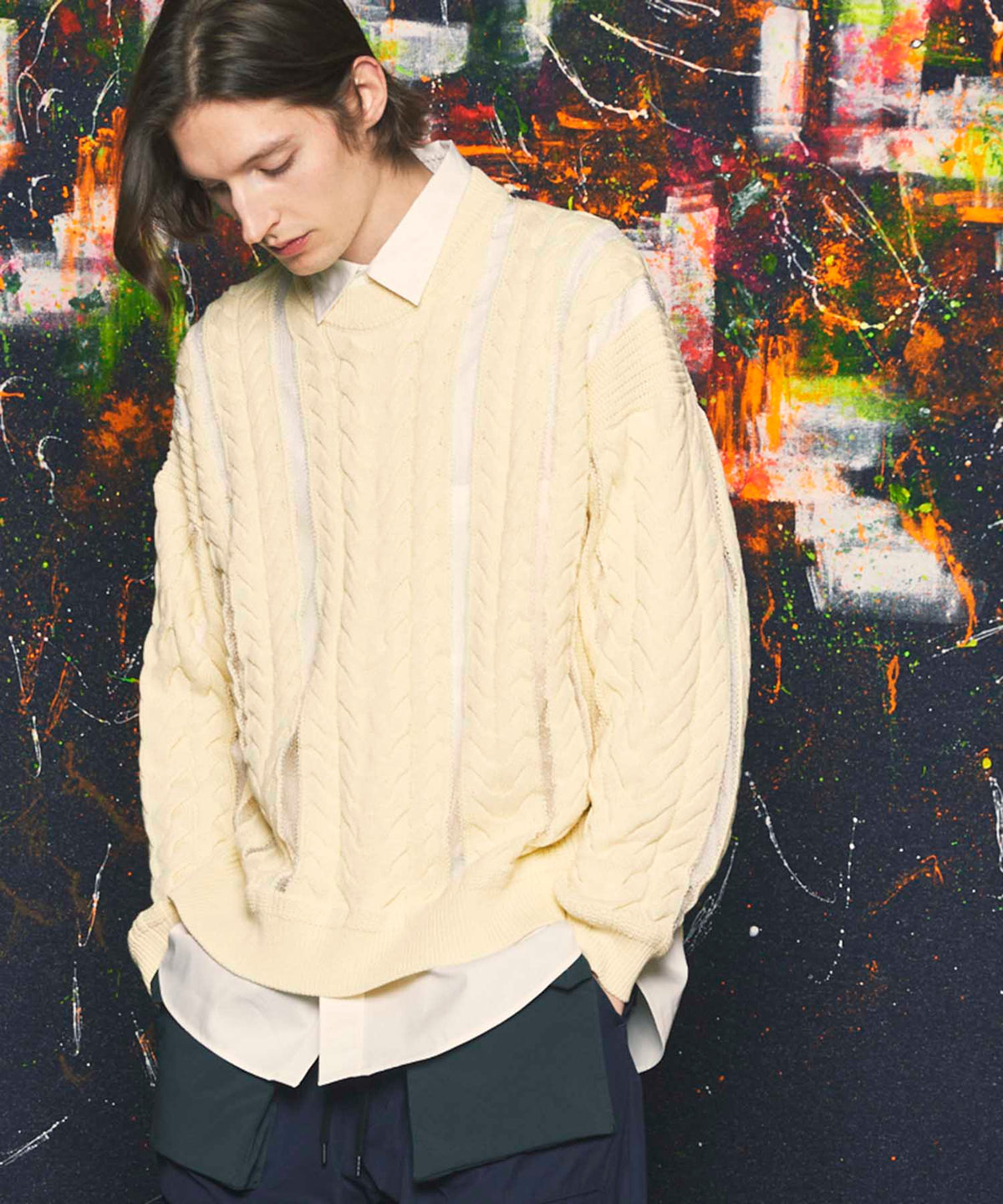 【SALE】Cable Knitting Sheer Intarsia Prime-Over Crew Neck Knit Pullover