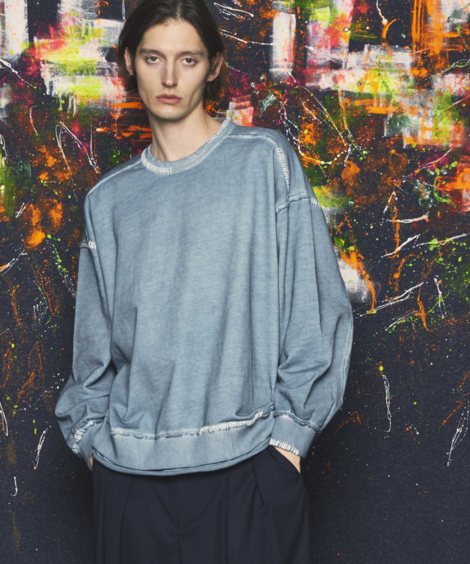 HEAVY-WEIGHT SWEAT EMBROIDY DAMAGE OVER-DYE CREW NECK PULLOVER