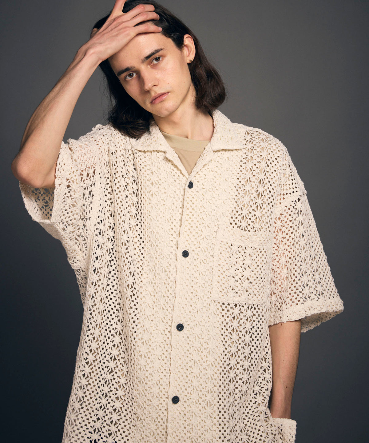 【24SS PRE-ORDER】Crochet Like Mesh Prime-Over Short Sleeve Shirt