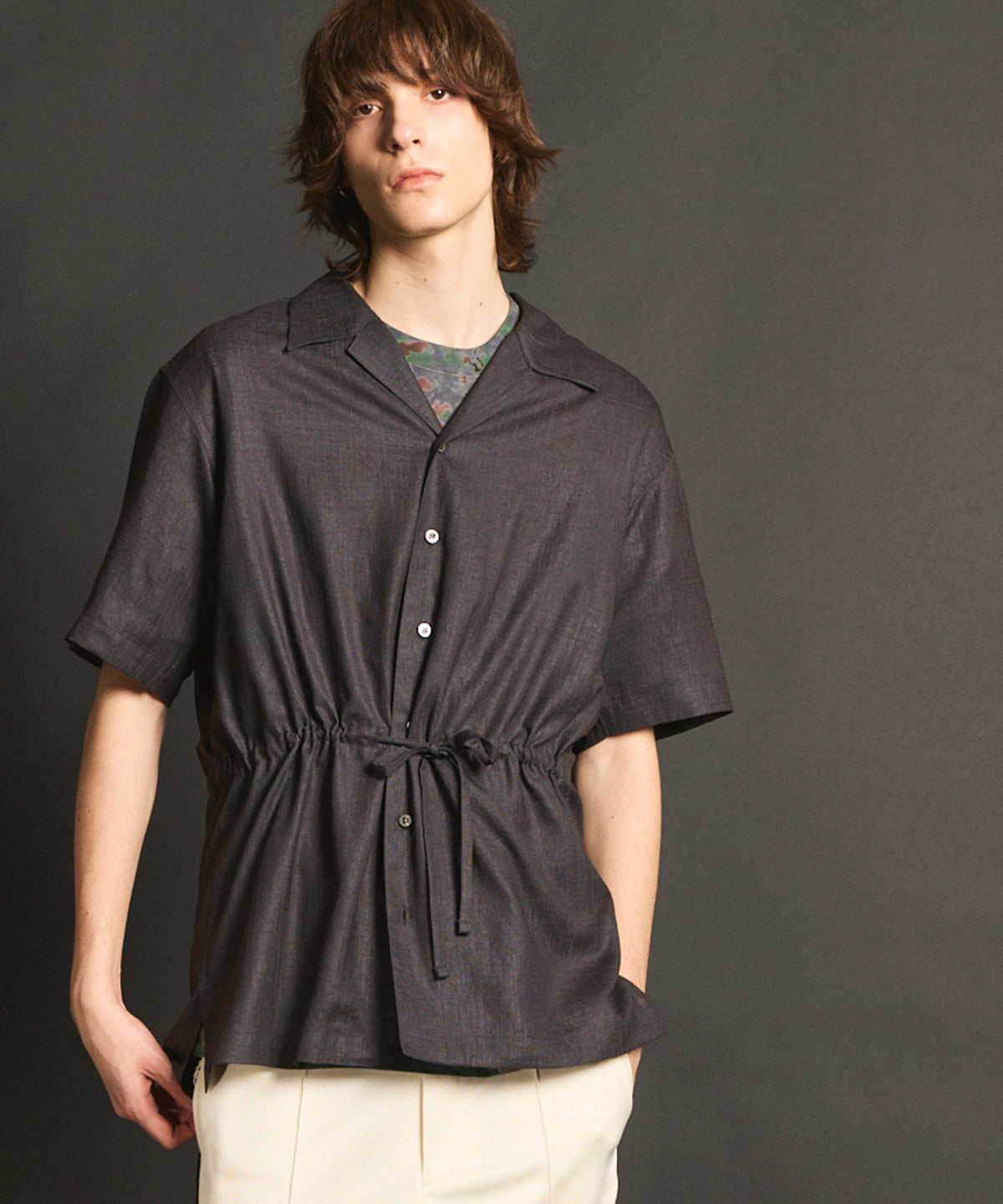 【SALE】Calendering Triacetate Dress-Over Short Sleeve Open Collar Shirt
