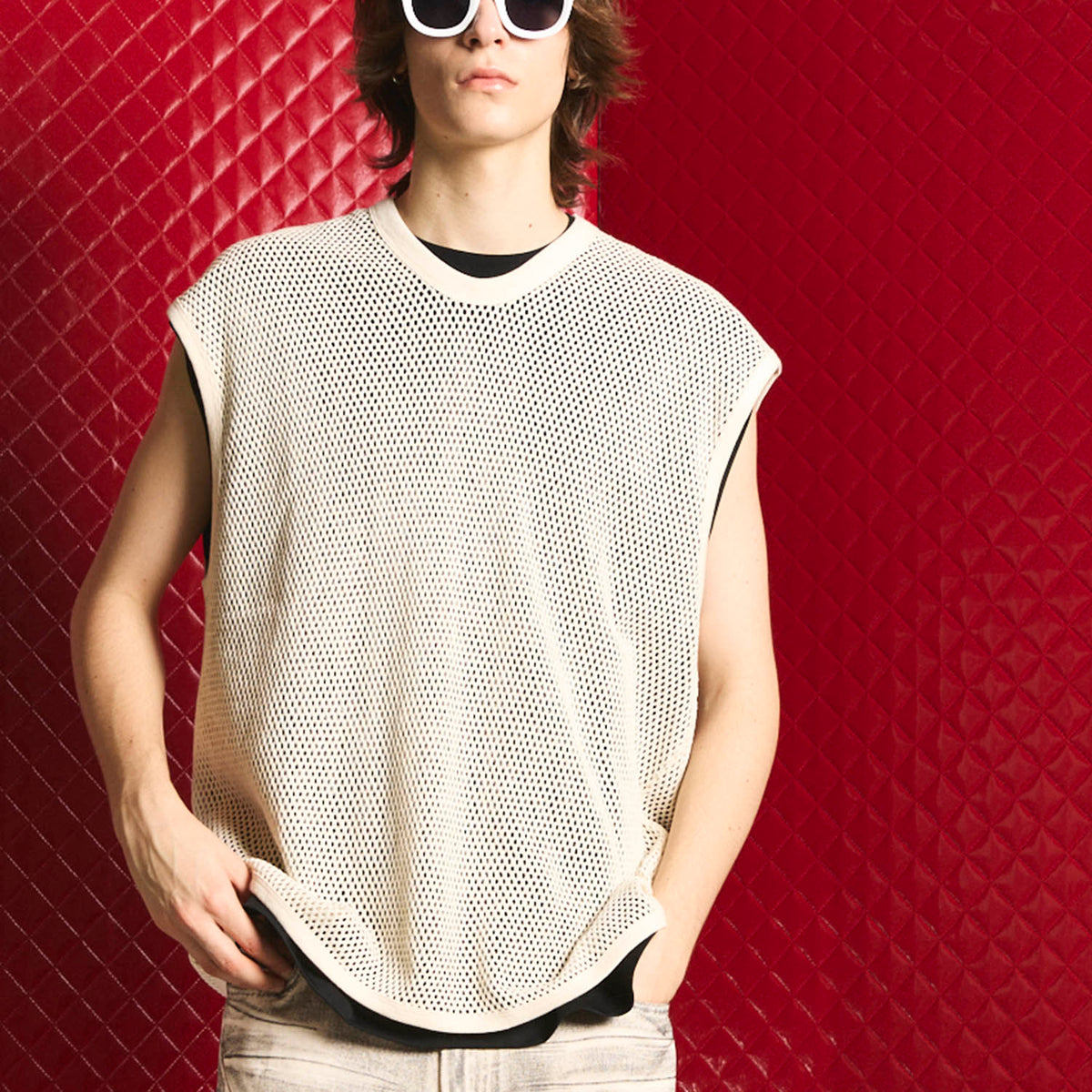 Prime-Over Mesh Sleeveless T-Shirt