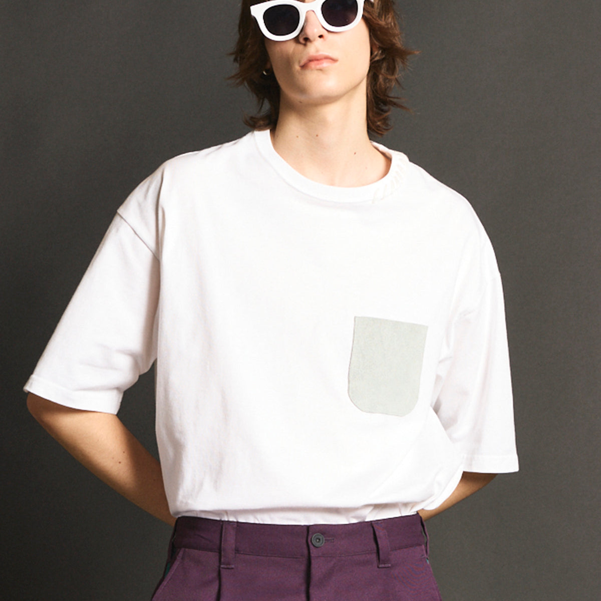Hand-Stitched Oversized Leather Pocket Crew Neck T-shirt