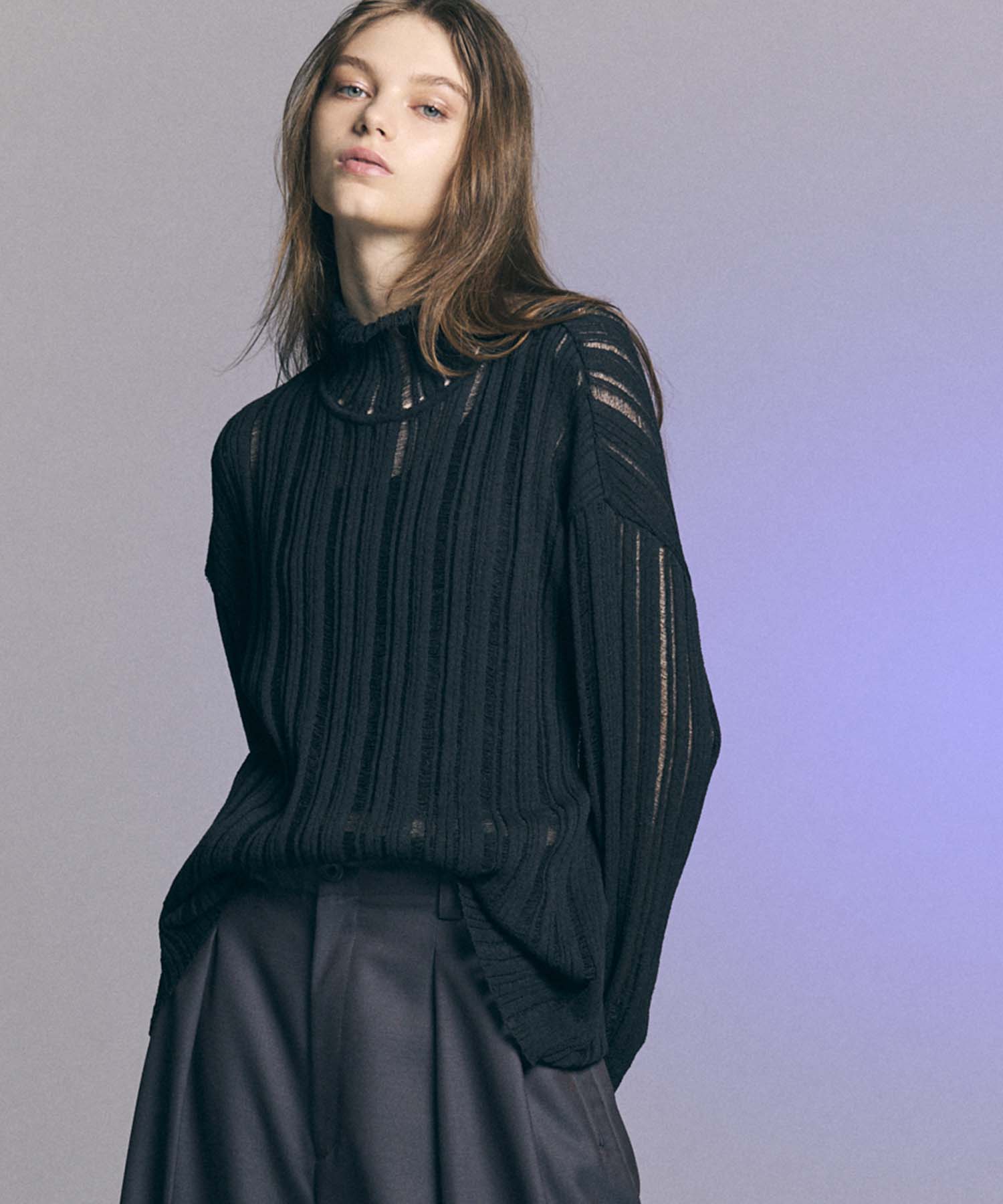 【24AW PRE-ORDER】Sheer Rib Knit Prime-Over Turtle Neck Knit Pullover