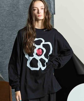 Flower Hand-Printed Oversized Stitched Crew Neck Long Sleeve T-Shirt