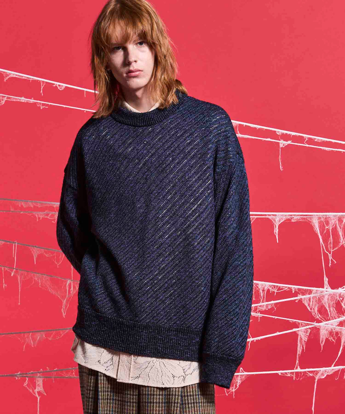 Slub Yarn Mixed Bias Mesh Prime-Over Crew Neck Knit Pullover