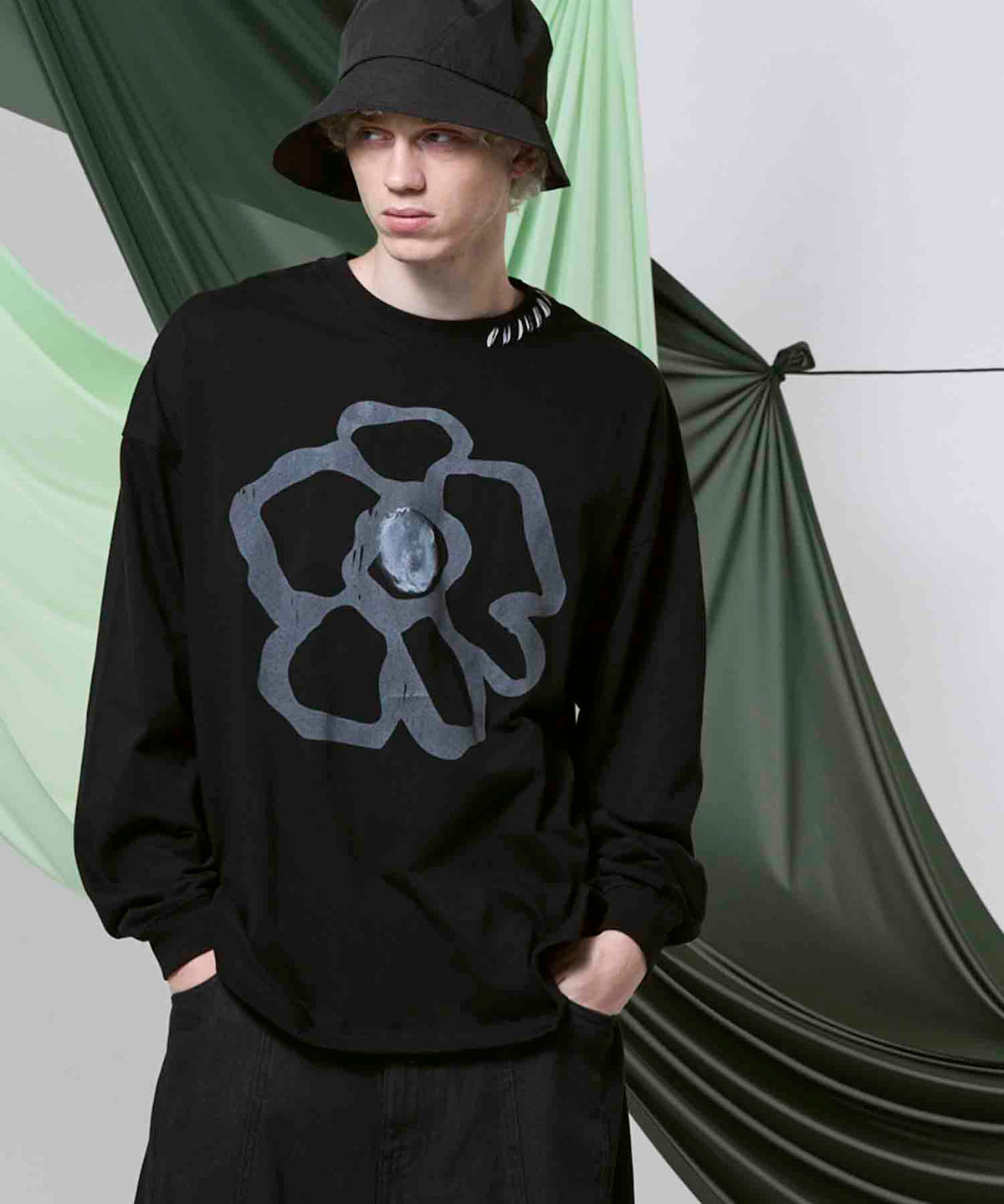 Flower Hand-PRINTED OVERSIZED Stitched Crew Neck Long Sleeve T-Shirt