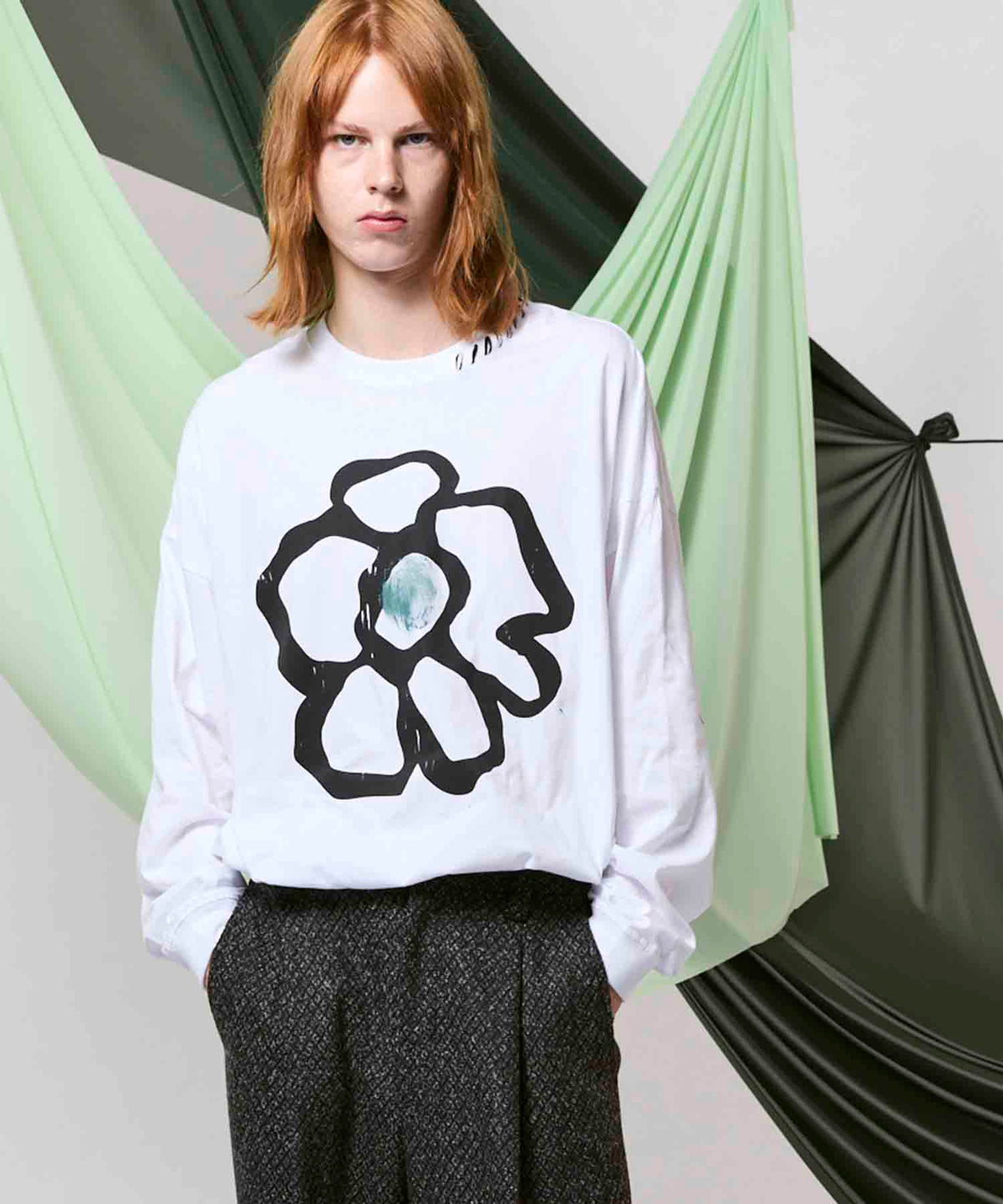 Flower Hand-PRINTED OVERSIZED Stitched Crew Neck Long Sleeve T-Shirt