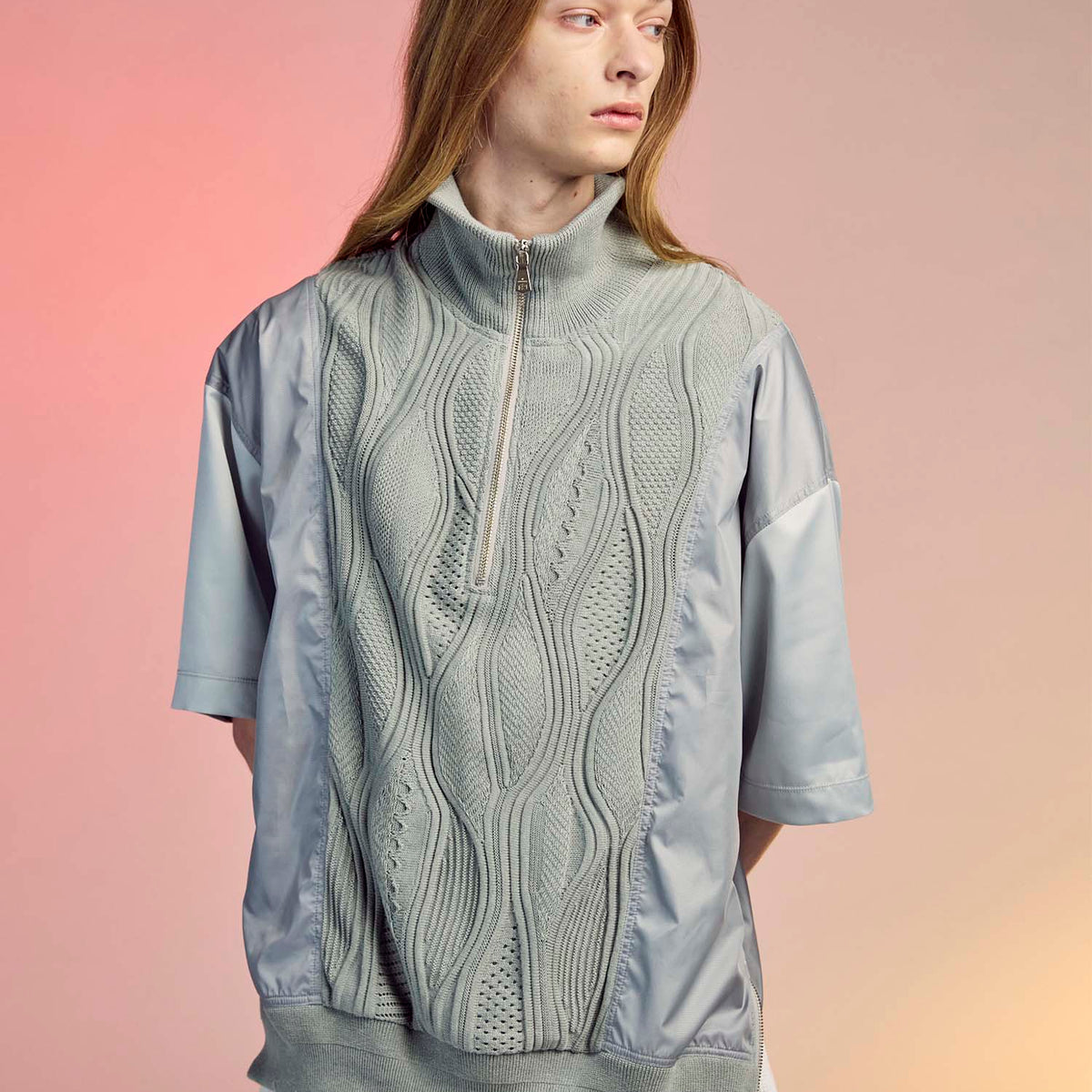 SALE】Different Material Docking Prime-Over Puckering Short Sleeve Hal