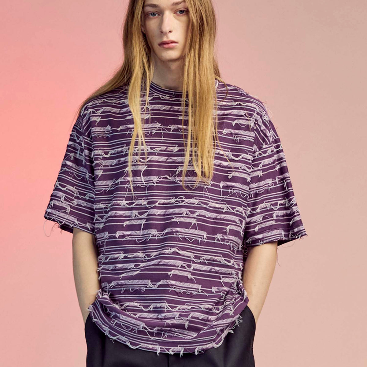SALE】Back Cut Jacquard Multi Border Prime-Over Crew Neck T-shirt