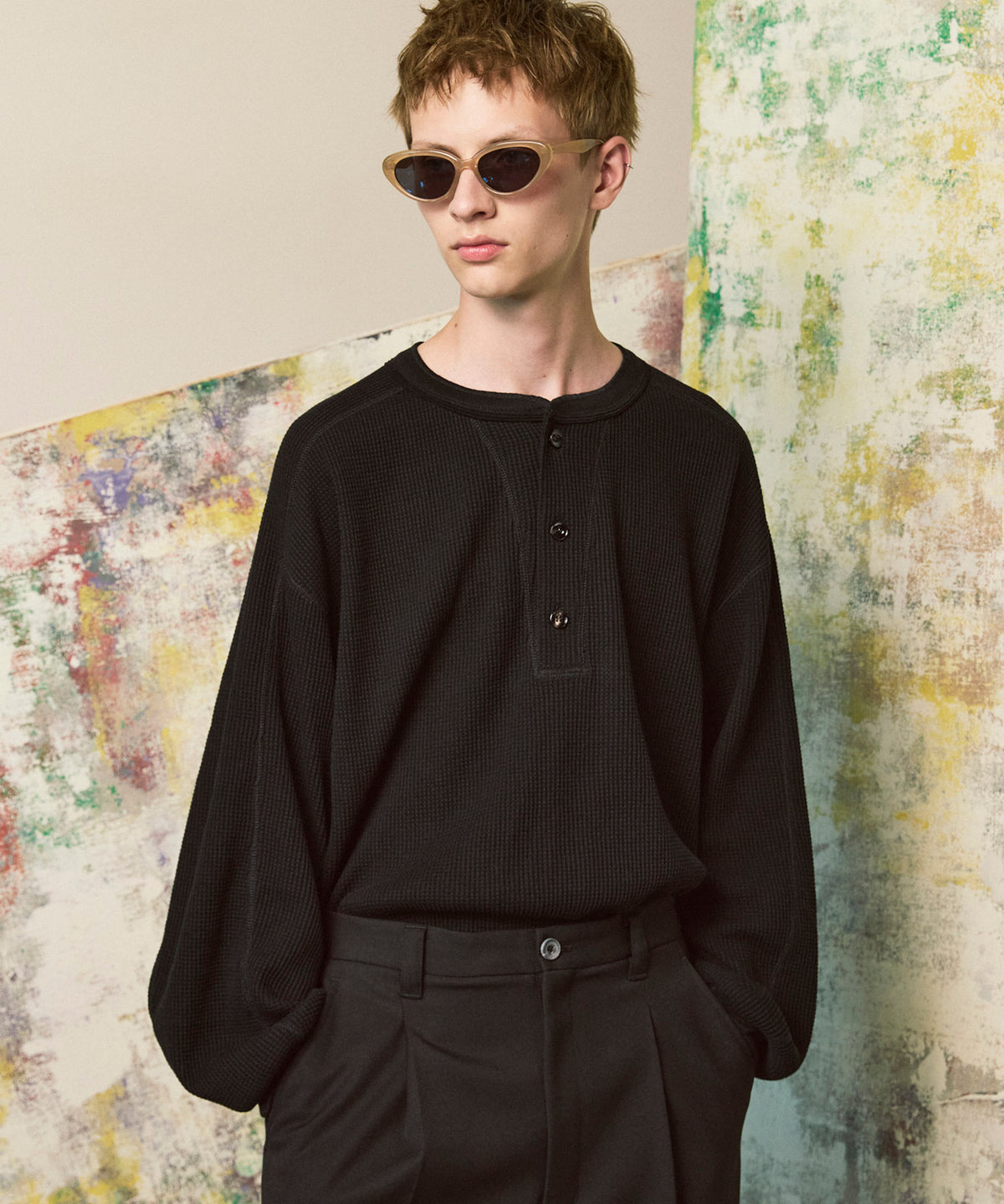 Prime-Over Henry Neck Long Sleeve Waffle T-Shirt